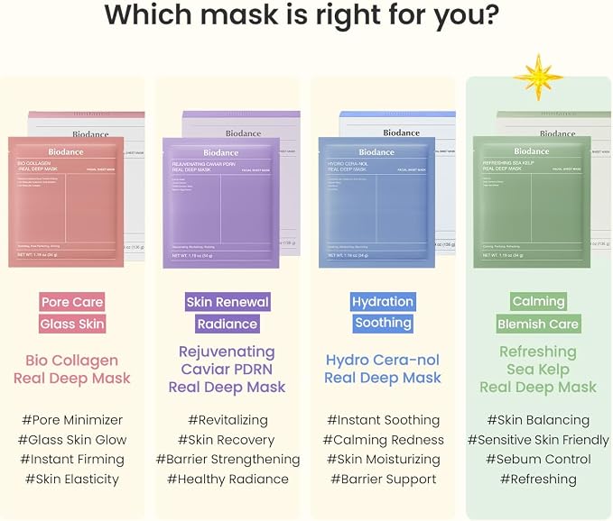 BIODANCE Refreshing Sea Kelp Real Deep Mask, Hydrogel Mask (1.19 oz / 34g x 4pcs)